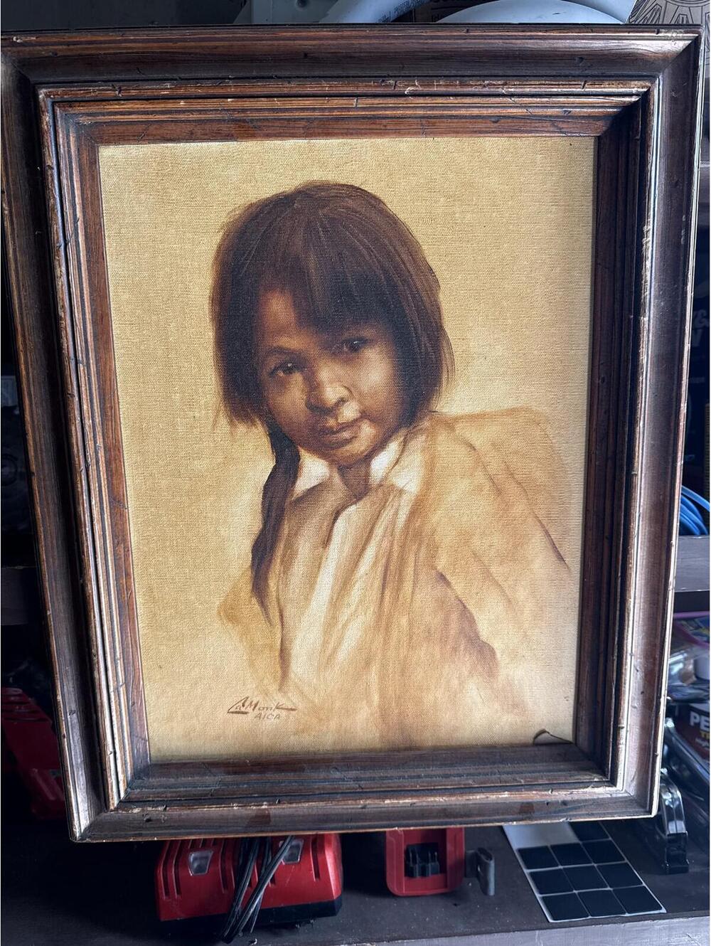 Vintage Portrait Painting of a Young Girl in Wooden Frame